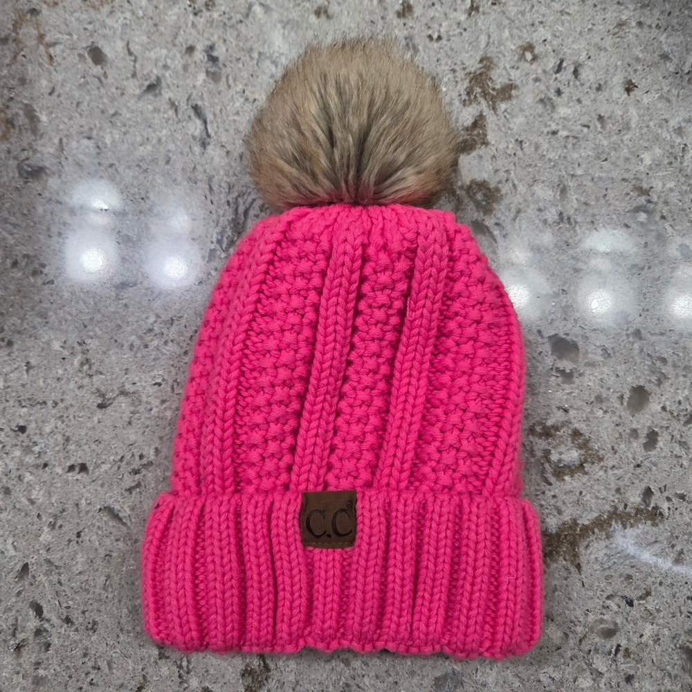 CC Beanie Hot Pink Acrylic Pom Pom Faux Fur Winter‎ Hat Women